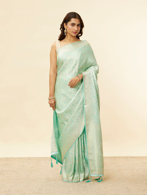 Mohey Tropical Blue Floral Patterned Zari Work Saree