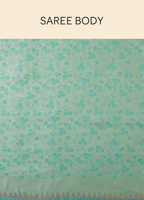 Mohey Tropical Blue Floral Patterned Zari Work Saree