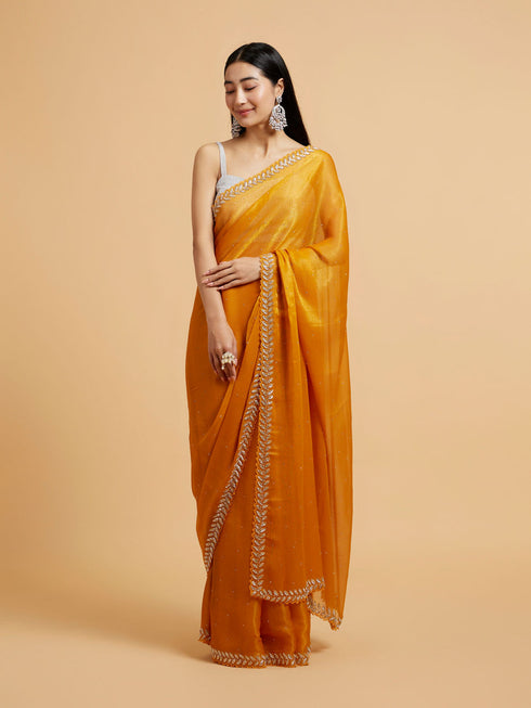 Mohey Mustard Yellow Saree with Leaf Patterned Border & Rhinestone Work