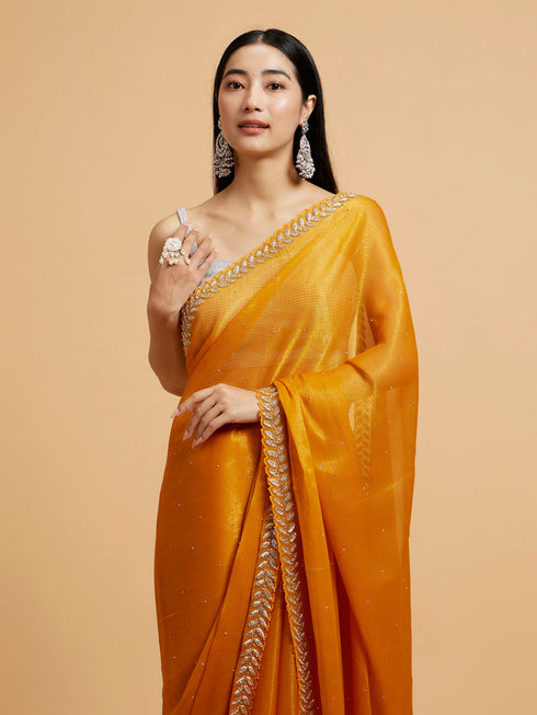 Mohey Mustard Yellow Saree with Leaf Patterned Border & Rhinestone Work