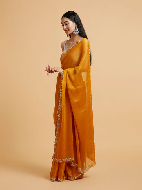 Mohey Mustard Yellow Saree with Leaf Patterned Border & Rhinestone Work