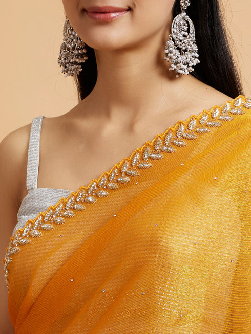 Mohey Mustard Yellow Saree with Leaf Patterned Border & Rhinestone Work