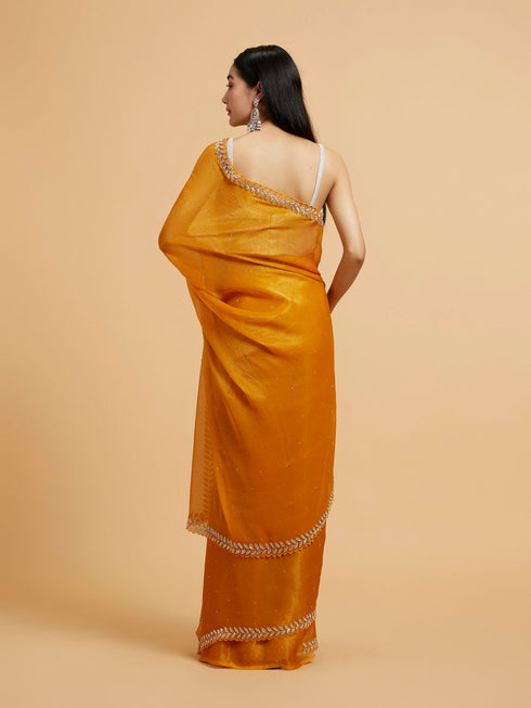 Mohey Mustard Yellow Saree with Leaf Patterned Border & Rhinestone Work