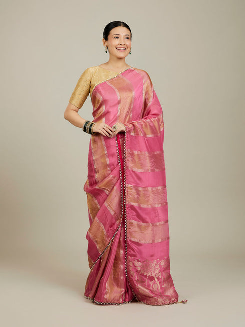 Mohey Soft Pink and Gold Floral Zari Work Saree