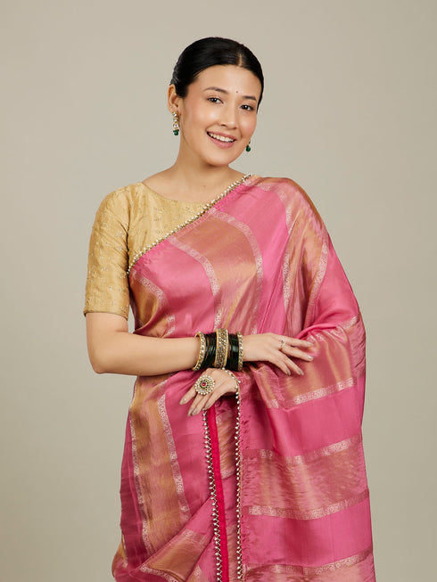 Mohey Soft Pink and Gold Floral Zari Work Saree