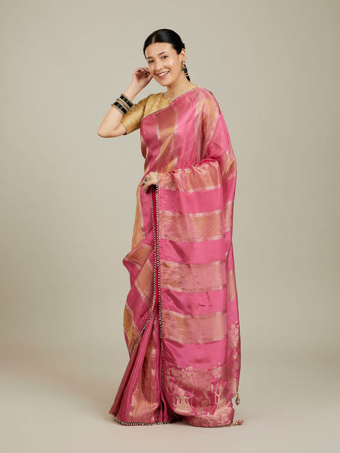 Mohey Soft Pink and Gold Floral Zari Work Saree