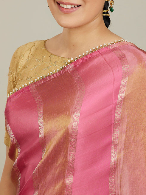 Mohey Soft Pink and Gold Floral Zari Work Saree