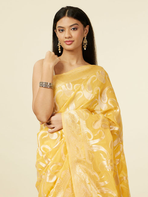 Mohey Sunshine Yellow Floral Zari work Saree