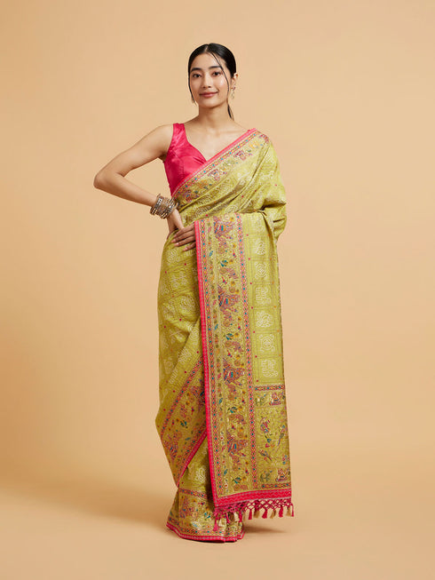Mohey Soft Green Jaal Embroidered Saree with Bagh Motifs and Sequin Work