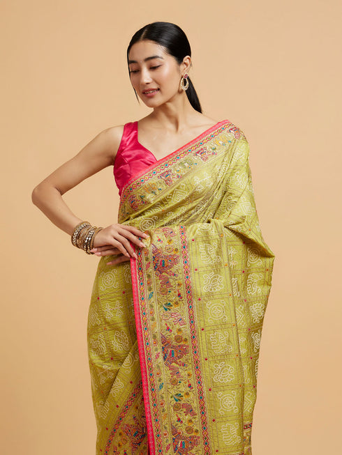 Mohey Soft Green Jaal Embroidered Saree with Bagh Motifs and Sequin Work
