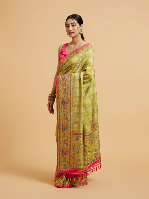 Mohey Soft Green Jaal Embroidered Saree with Bagh Motifs and Sequin Work
