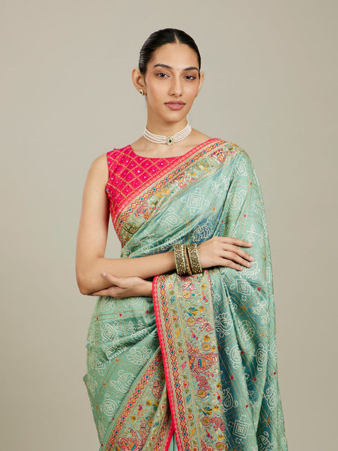 Mohey Sea Green Village Art Embroidered Saree