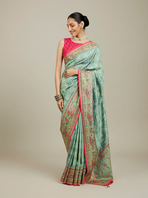 Mohey Sea Green Village Art Embroidered Saree