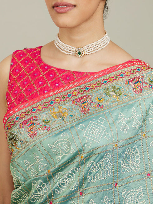Mohey Sea Green Village Art Embroidered Saree