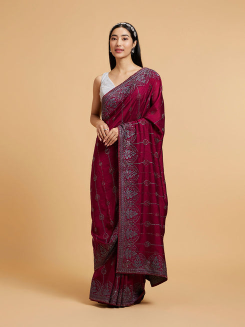 Mohey Wine Red Rhinestone Work Saree with Drop Motifs