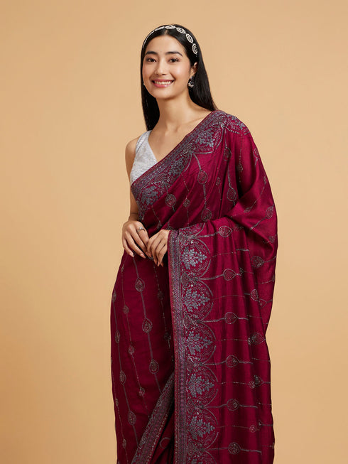 Mohey Wine Red Rhinestone Work Saree with Drop Motifs
