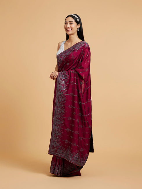 Mohey Wine Red Rhinestone Work Saree with Drop Motifs