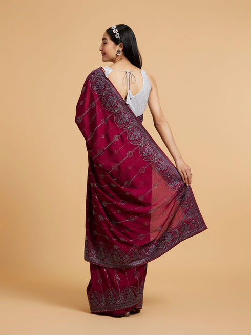 Mohey Wine Red Rhinestone Work Saree with Drop Motifs