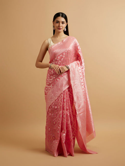 Mohey Pink Zari Weave Traditional Festive Saree
