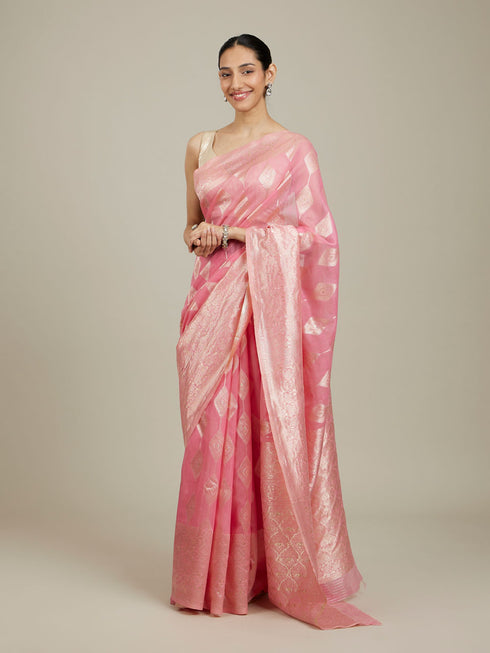 Mohey Elegant Pink Silk with Intricate Zari Weave Saree