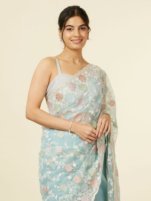 Mohey Light Blue Belt Buti Patterned Saree