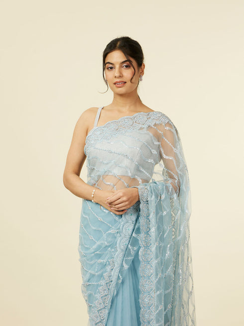 Mohey Light Blue Sequinned Saree with Rhinestone Border