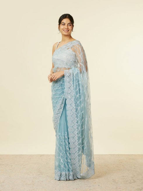 Mohey Light Blue Sequinned Saree with Rhinestone Border