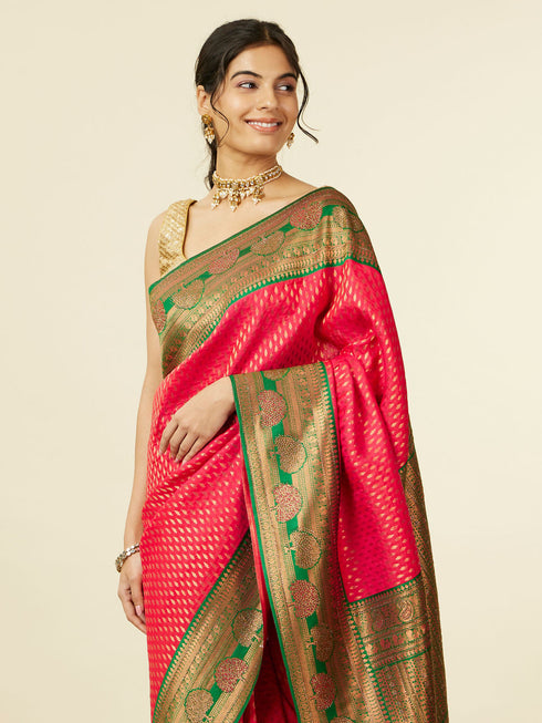 Mohey Rani Pink Buta Patterned Saree with Floral Leaf Border