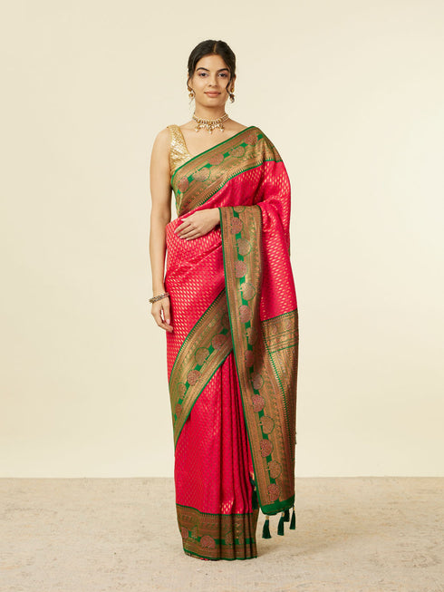 Mohey Rani Pink Buta Patterned Saree with Floral Leaf Border