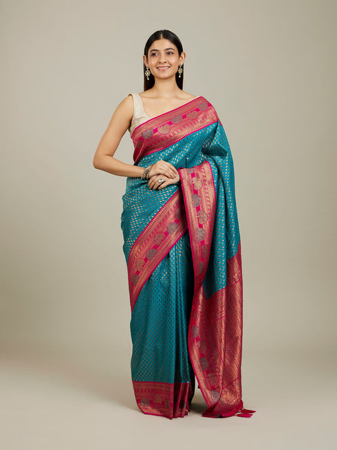Mohey Rama Green Buta Patterned Saree with Floral Leaf Border
