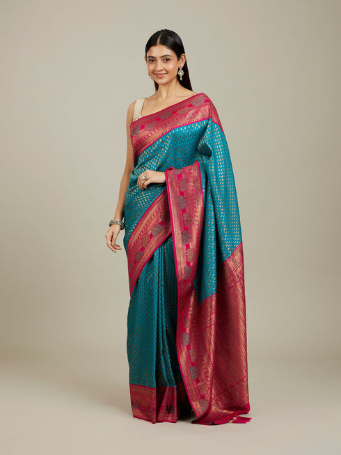 Mohey Rama Green Buta Patterned Saree with Floral Leaf Border