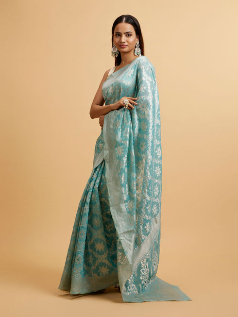 Mohey Light Blue Floral Jaal Patterned Saree