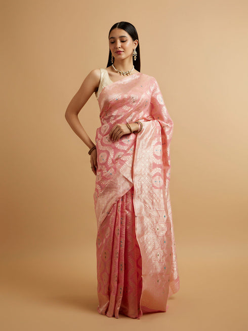 Mohey Pink Floral Leaf Patterned Saree with Diamond Motifs