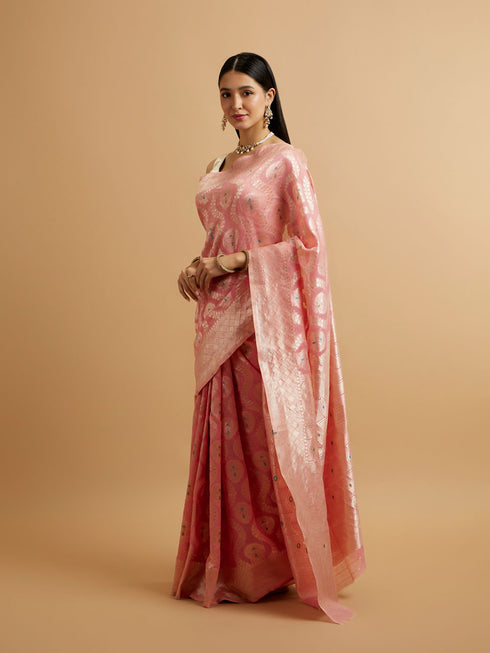 Mohey Pink Floral Leaf Patterned Saree with Diamond Motifs