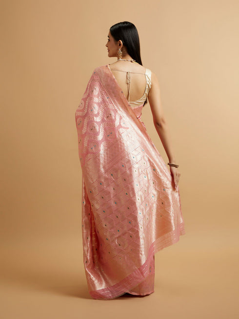 Mohey Pink Floral Leaf Patterned Saree with Diamond Motifs