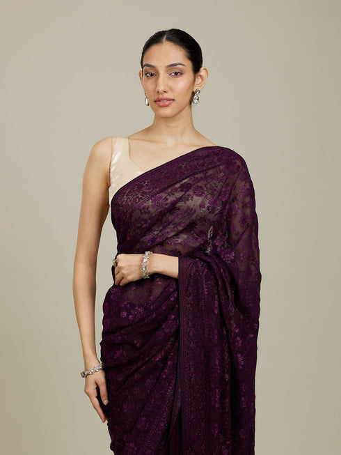 Mohey Wine Bel Buti Patterned Saree with Rhinestones