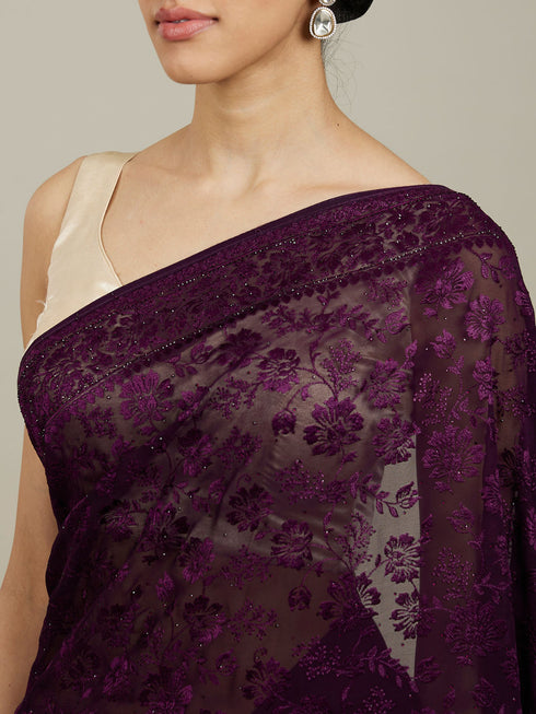 Mohey Wine Bel Buti Patterned Saree with Rhinestones