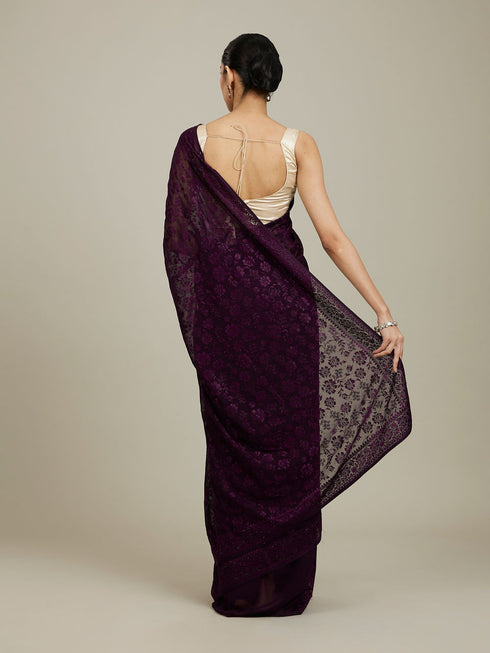 Mohey Wine Bel Buti Patterned Saree with Rhinestones