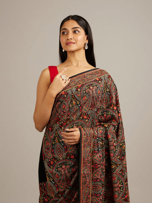 Mohey Midnight Black Paisley Patterned Saree with Rhinestone Work