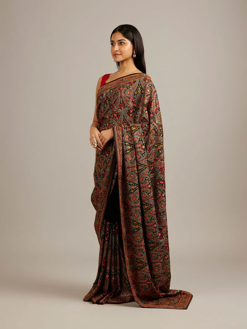 Mohey Midnight Black Paisley Patterned Saree with Rhinestone Work