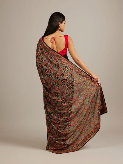 Mohey Midnight Black Paisley Patterned Saree with Rhinestone Work