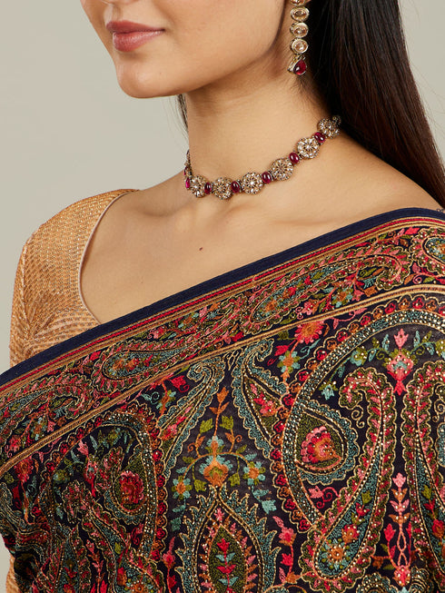 Mohey Indigo Blue Imperial Paisley Patterned Saree