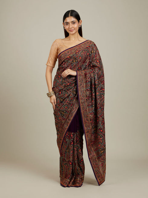 Mohey Royal Purple Paisley Patterned Saree with Rhinestone Work