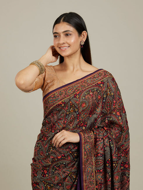 Mohey Royal Purple Paisley Patterned Saree with Rhinestone Work