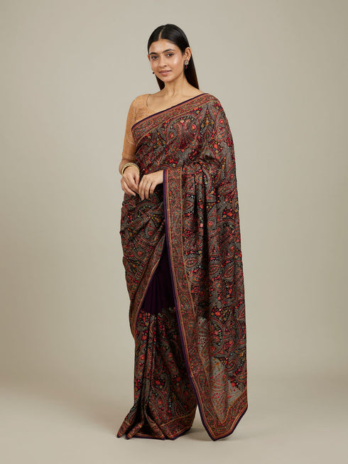 Mohey Royal Purple Paisley Patterned Saree with Rhinestone Work