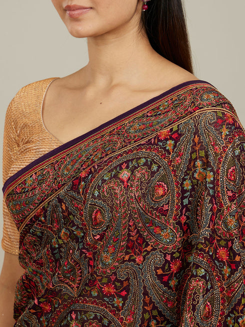 Mohey Royal Purple Paisley Patterned Saree with Rhinestone Work