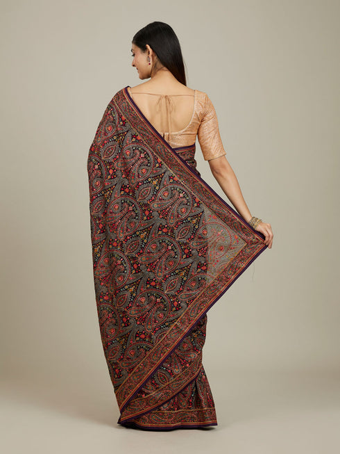 Mohey Royal Purple Paisley Patterned Saree with Rhinestone Work