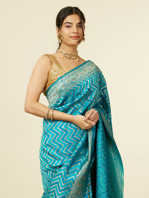 Mohey Teal Blue Chevron Patterned Saree