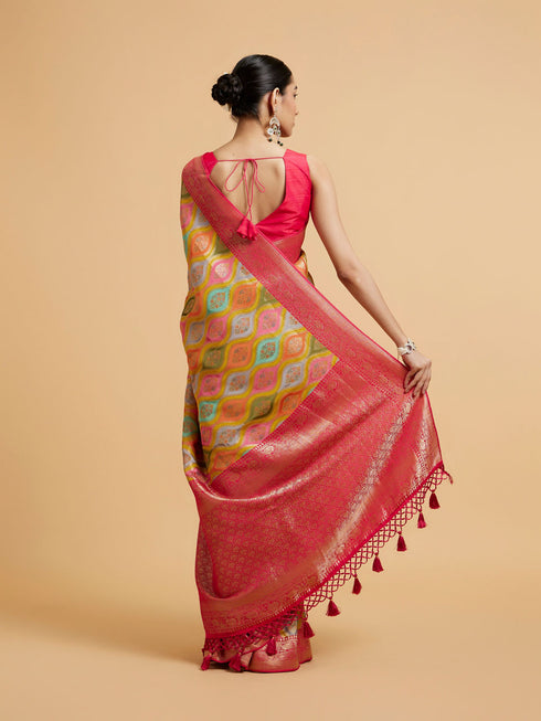 Mohey Green and Rani Ogee Patterned Saree with Scallop Borders & Tassel Trims