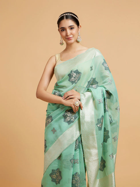 Mohey Sea Green Floral Motifs in Zari Work Saree